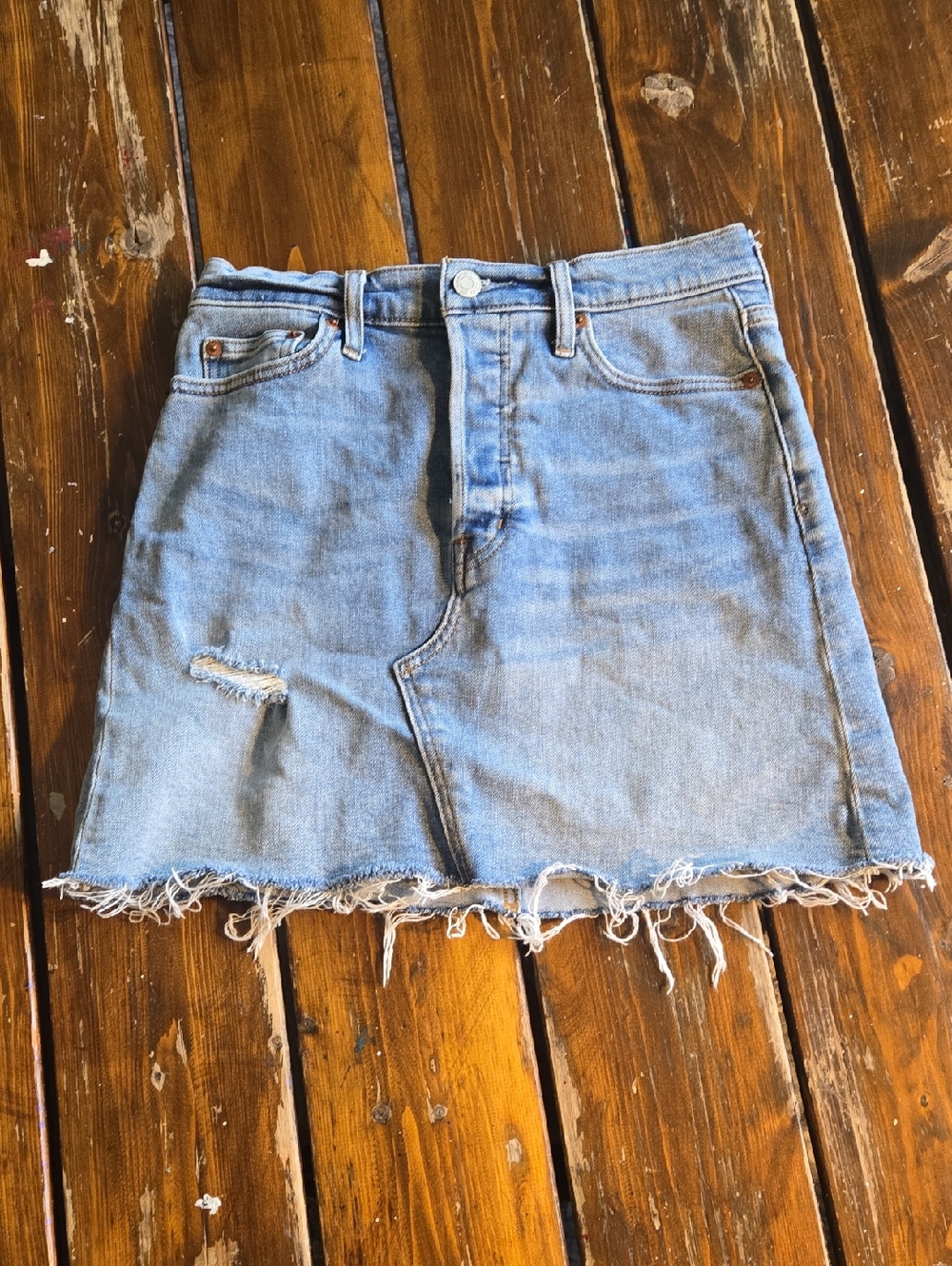 Gap Cotton Blend Button Fly Denim Mini Skirt - Light Blue Distressed